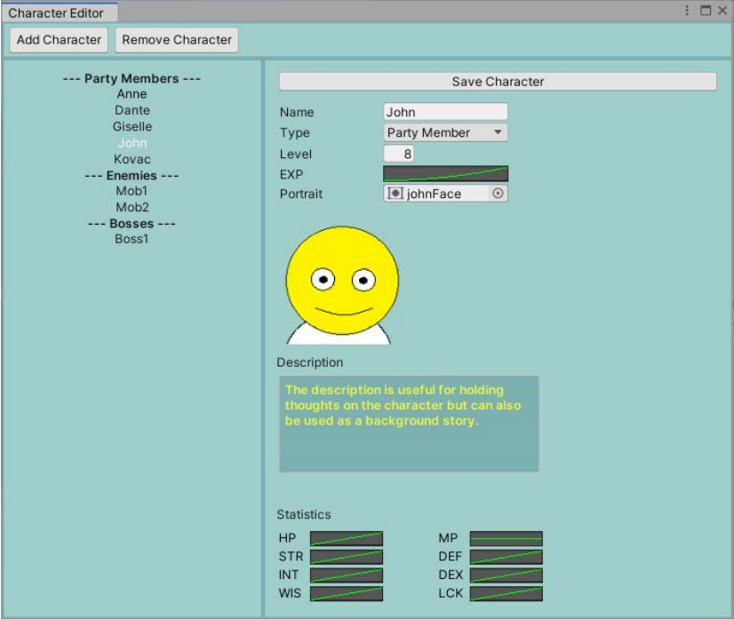 Image of an editor for player characters