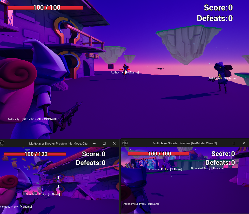 Image of three windows, showing the server and two clients. All of them depict an ingame world I've built.
