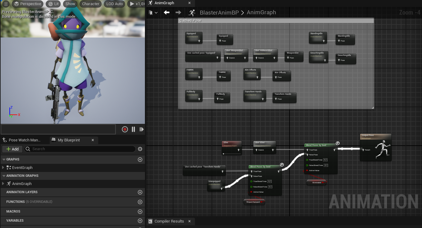 Image of the Unreal Engine 5 Animation Blueprint Editor of my competitive online multiplayer shooter.